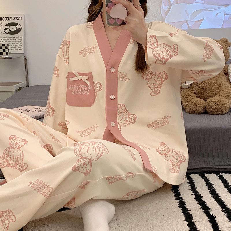Women's Cartoon V-Neck Long-Sleeve Pajama Set