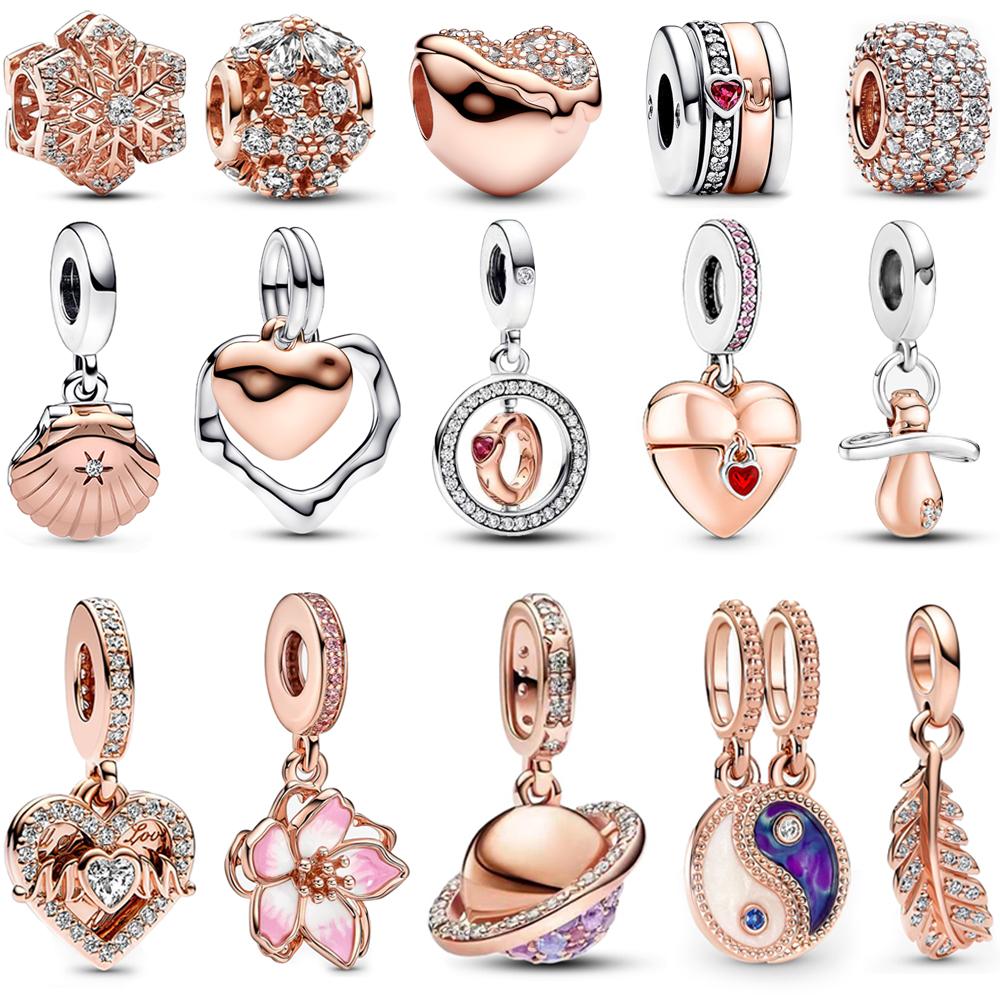 Sparkling Rose Gold Pavé Triple-Row Beads Pink Gem Entwined Hearts Charm Fits Brand Bracelet For Copper Necklace