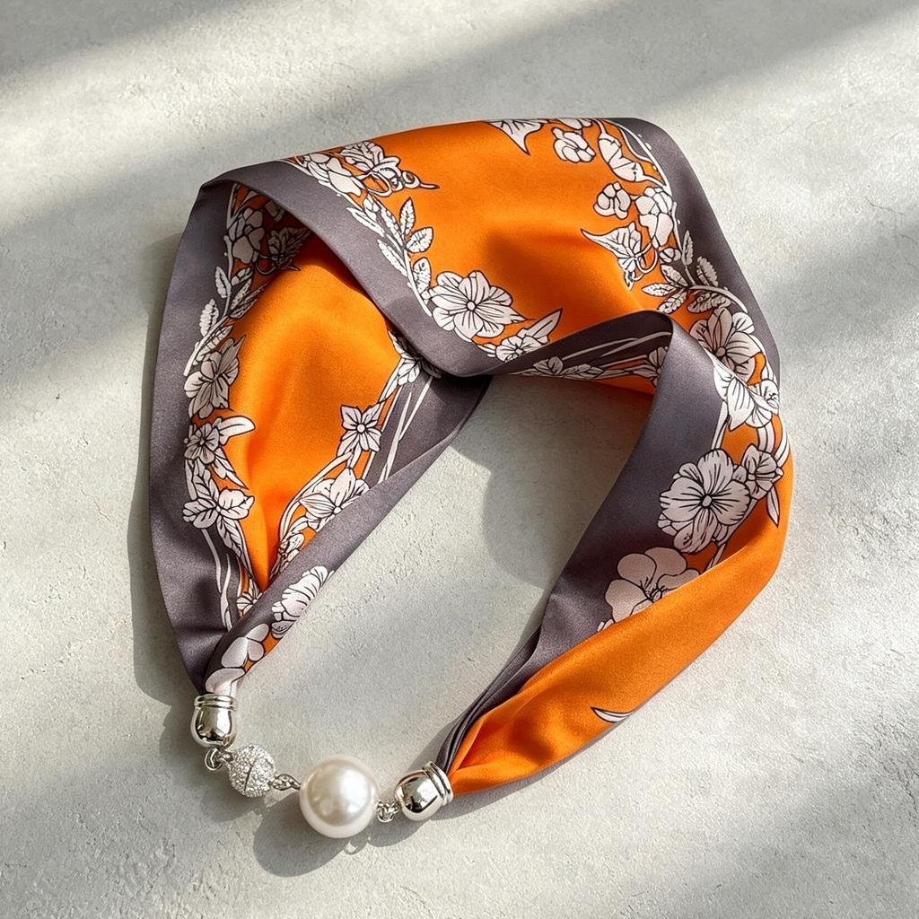 New retro pearl magnetic buckle small silk scarf women's high-end satin printed scarf summer versatile small scarf