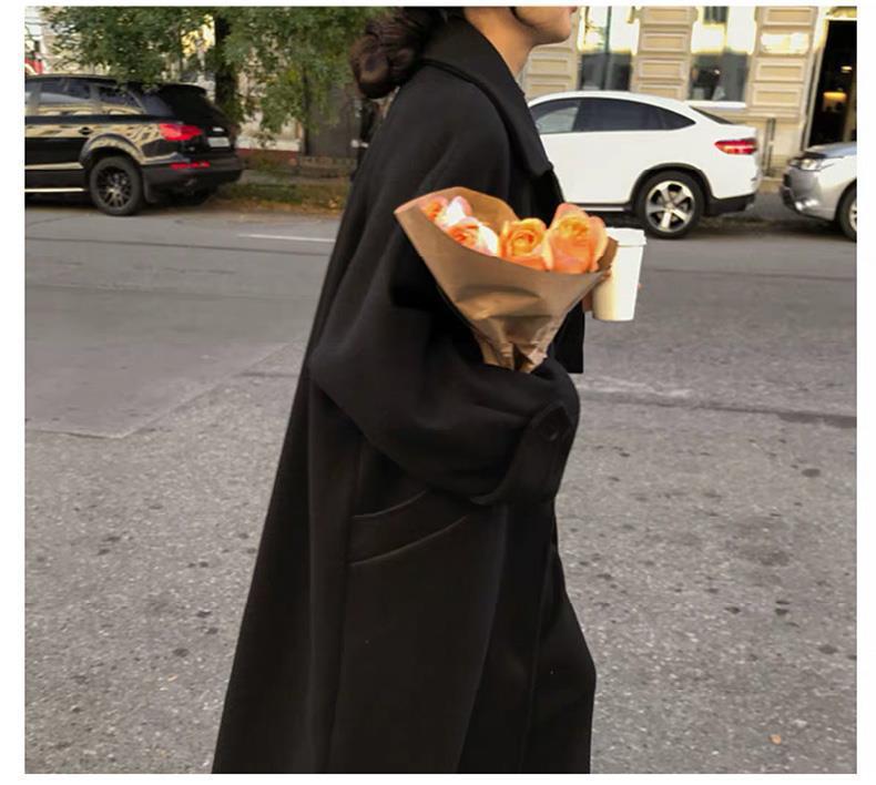 Женское черное шерстяное пальто средней длины выше колена, в стиле Хепберн, корейское, свободного кроя, в стиле мори, готовое к зиме.