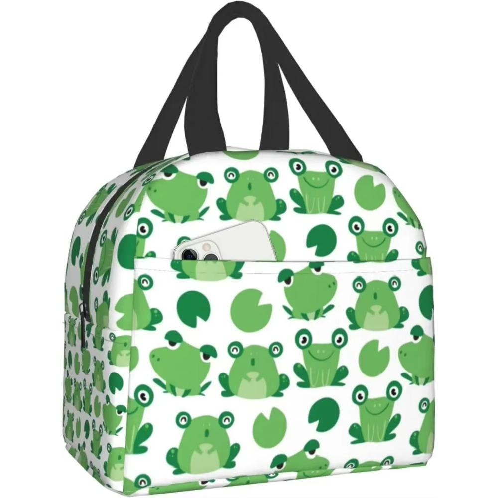 Cute Frog with Big Eyes Print Thermal Lunch Bag Insulated Bento Box Reusable Waterproof Lunch Bag for Office Picnic Hiking Beach