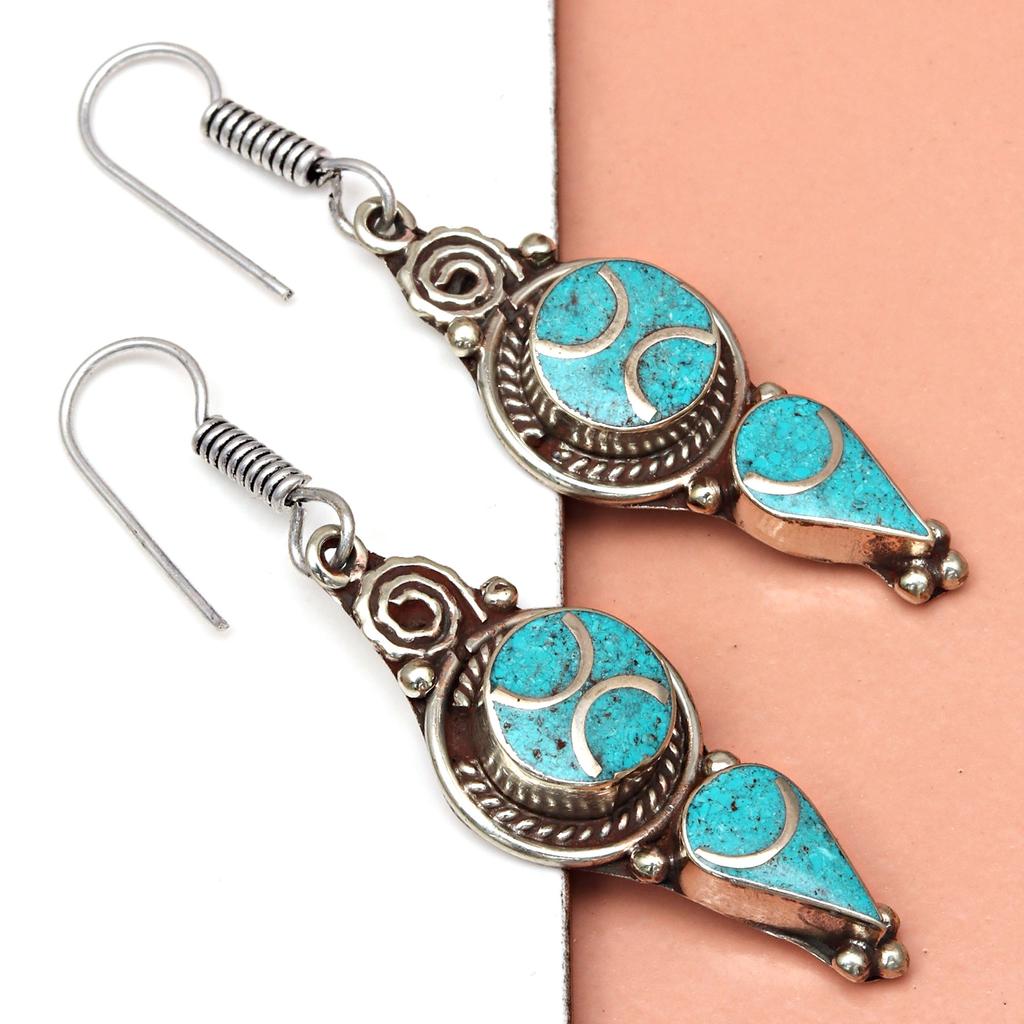 Nepali Tibetan Turquise Lapis Lazuli Gemstone Silver Jewelry Earring 1.5''