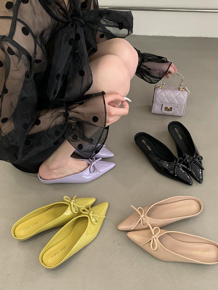 Женская обувь с острым носком Новинка 2025 Туфли-лодочки Женские Туфли на низком каблуке Мюли Бант-бабочка Туфли на невысоком каблуке Слайды