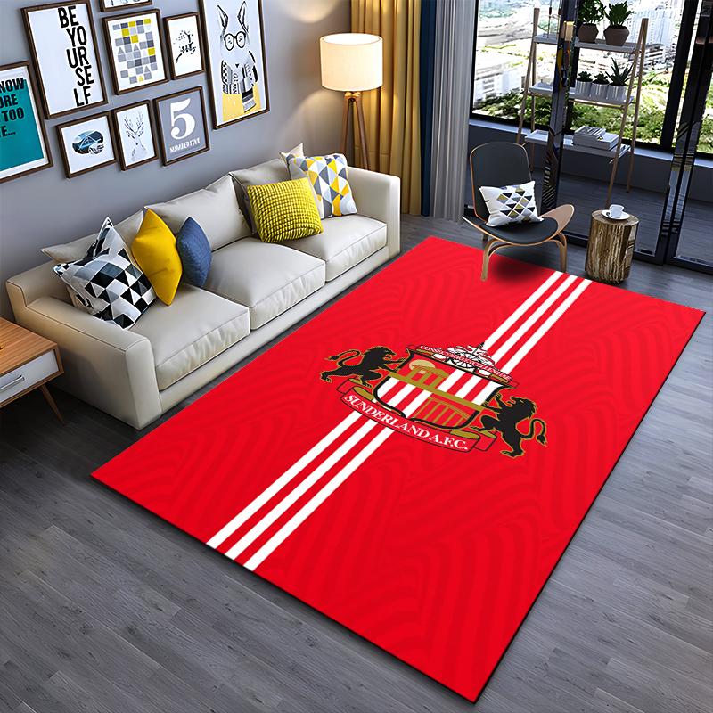 Football Club Area Rug, Sunderland AFC Crest Red White Stripes Print, Soccer Fan Supporter Pub Decor, Non-Slip Mat