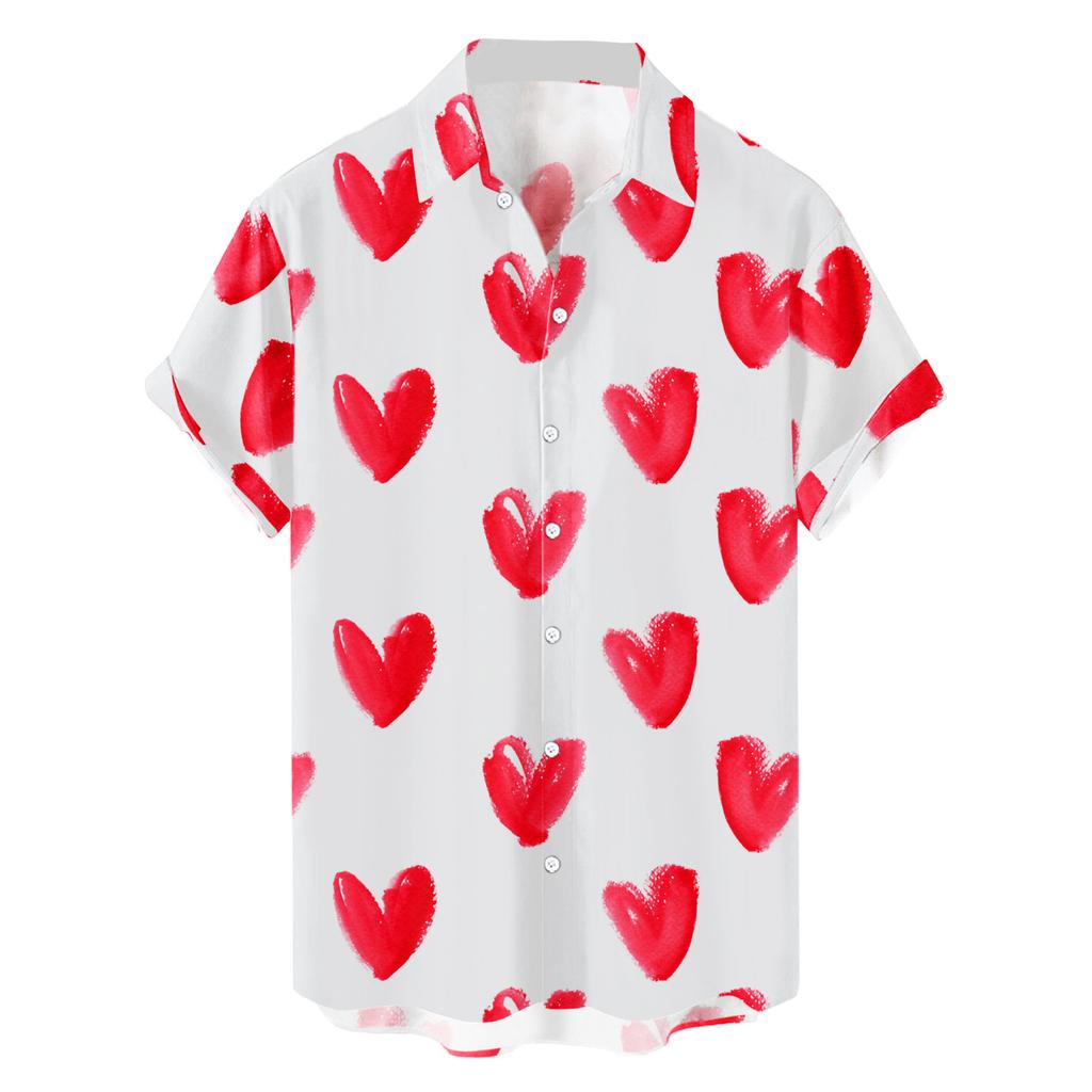 Мужская рубашка с принтом в виде сердца и любви, летняя блузка с коротким рукавом, белая на пуговицах, одежда на День святого Валентина, вечернее платье, мужские топы