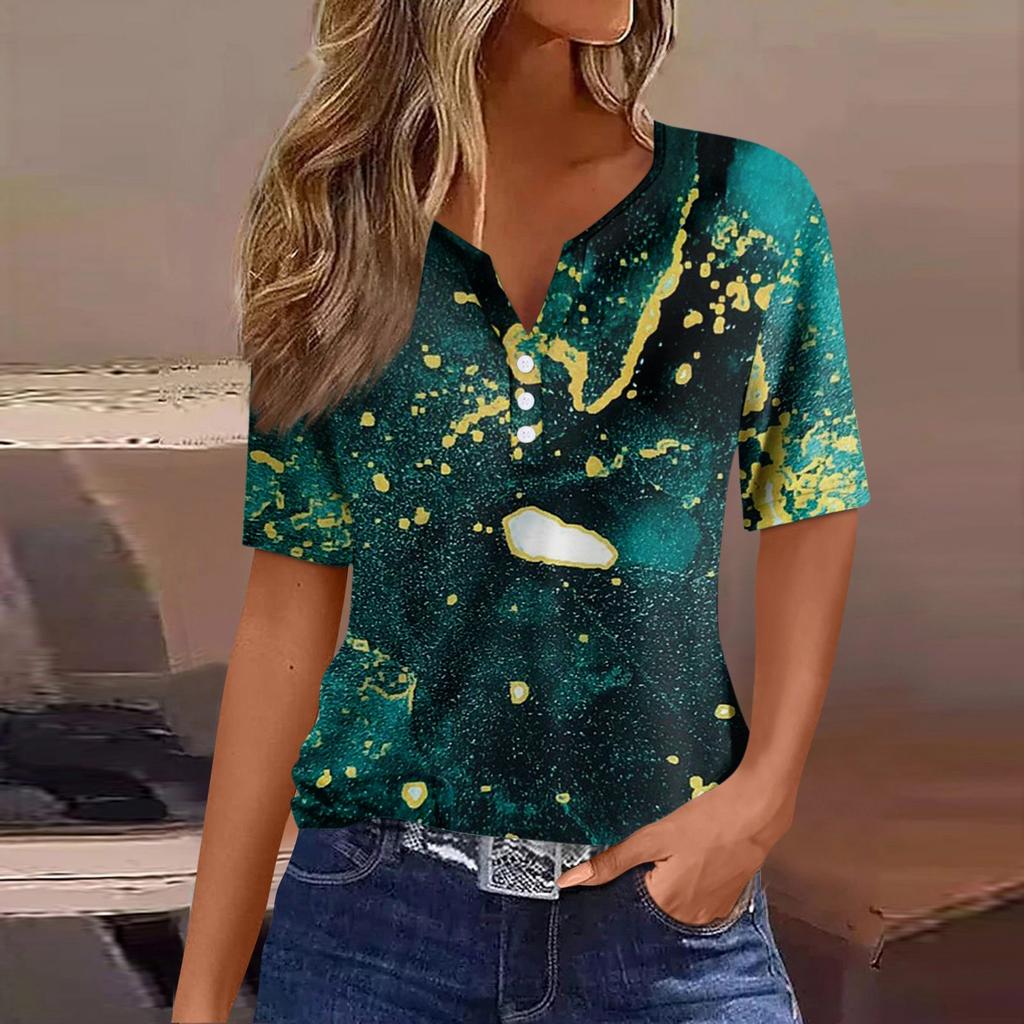 Women's T Shirt Tee Print Button Short Sleeve Daily Weekend Fashion Basic V- Neck Regular Top