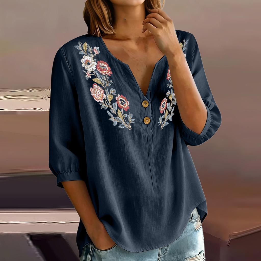 Женская льняно-хлопковая блузка-henley с цветочной вышивкой, пуговицами на воротнике, рукавами три четверти, повседневная, свободного кроя