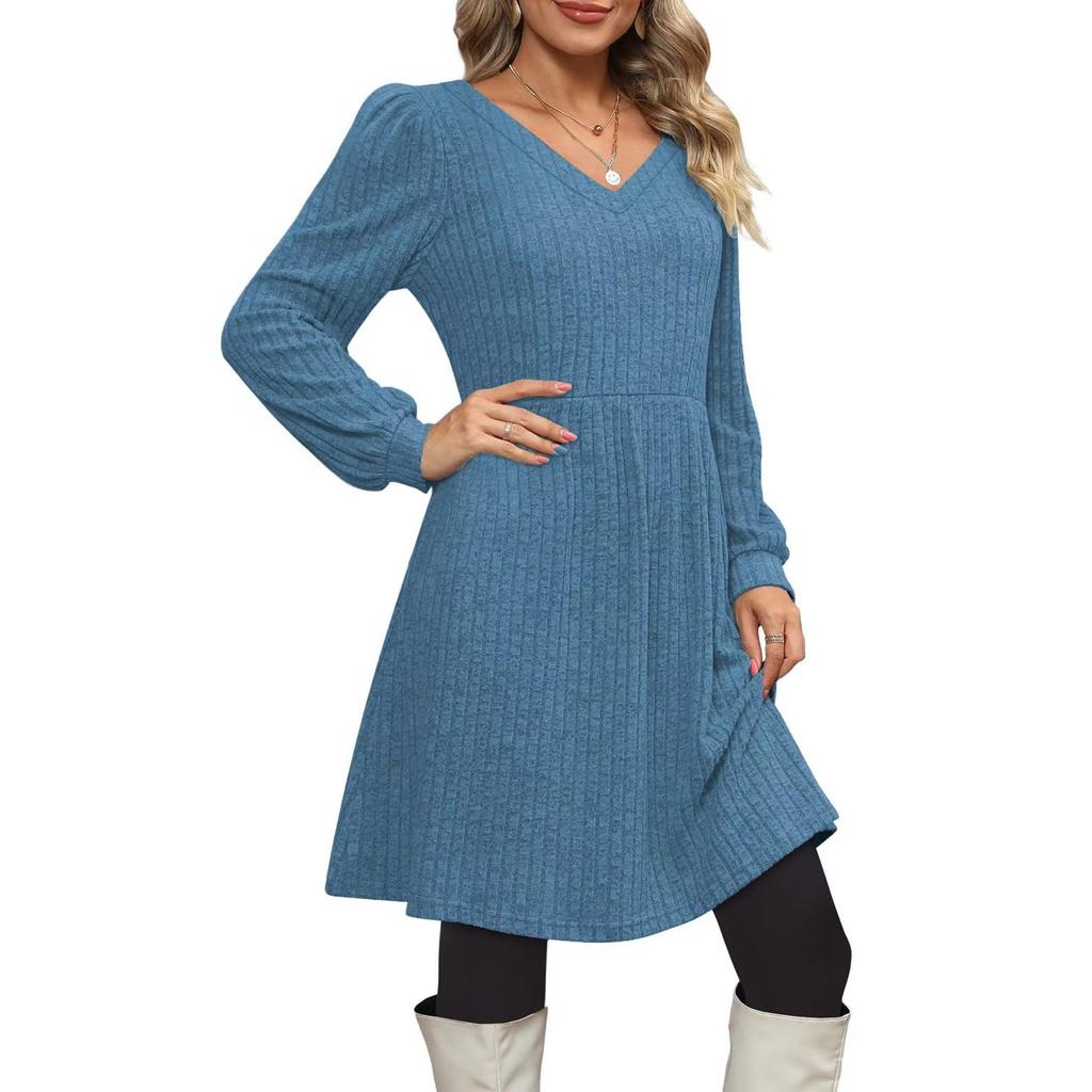 Женский модный повседневный трикотажный свитер с V-образным вырезом и карманом, платье с длинным рукавом однотонное