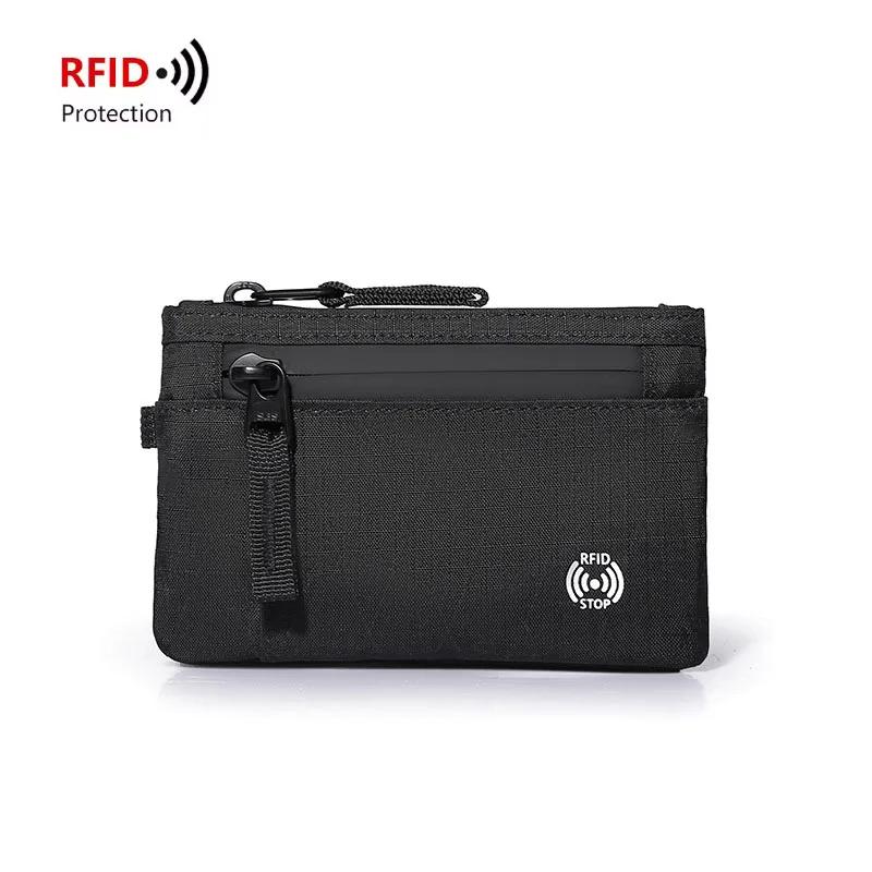 Мужские кошельки RFID-держатель для кредитных карт Роскошный нейлоновый тонкий кошелек Чехол на молнии для ключей и карт Мужской тактический кошелек Кошелек для монет с карабином