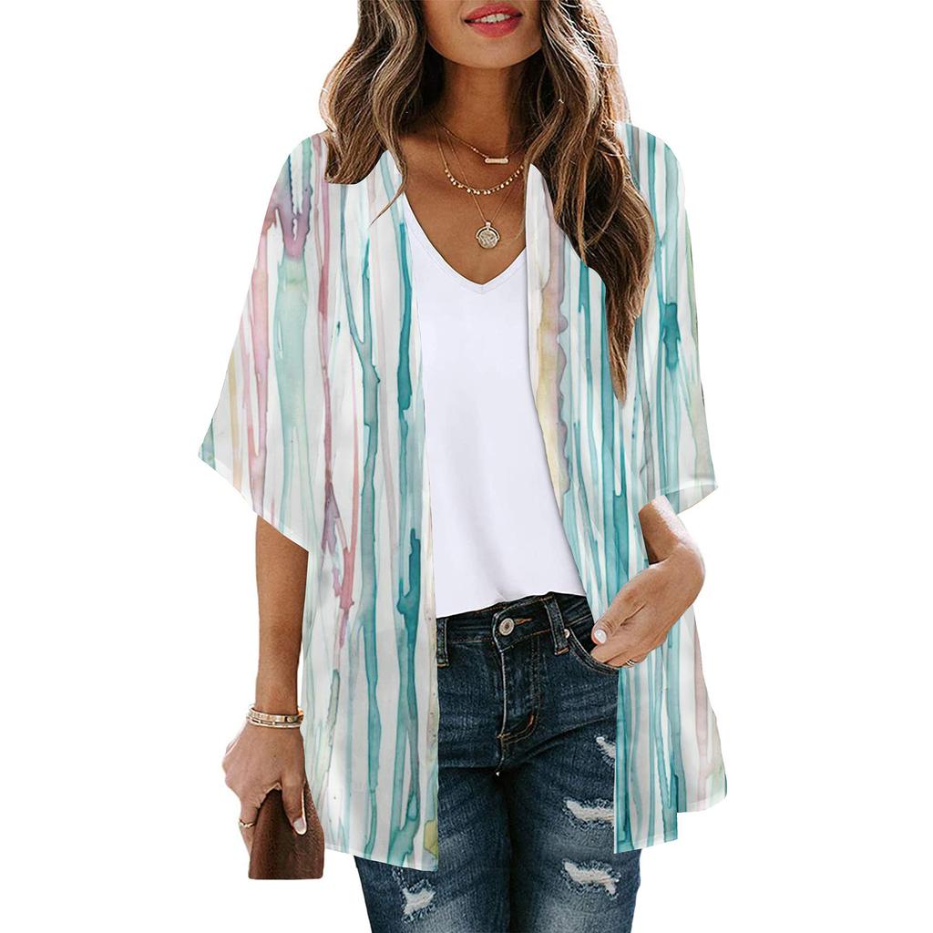 Women's Fashion Printed Seven-Part Sleeve Cardigan Loose Blouse Casual Blouse Top