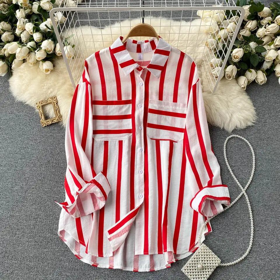 Women's Spring Fall Plus Size Blouse Casual Striped Tops Lady Button Up Lapel Long Sleeve Pocket Loose Shirt