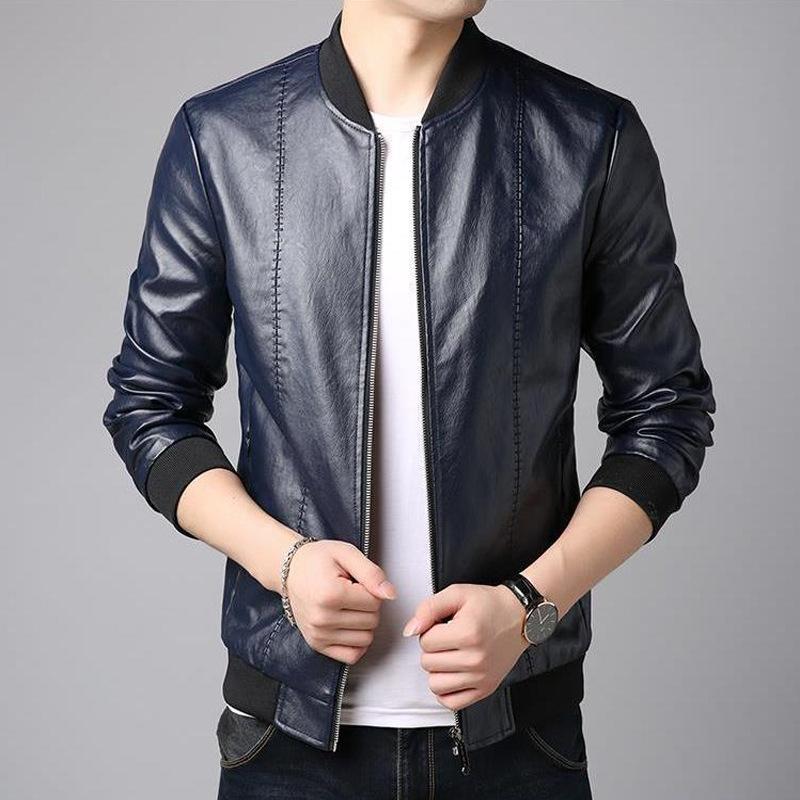 Leather Jacket Men's Thin Spring New Men's Korean Style Slim Baseball Collar Casual Green Leather Jacket