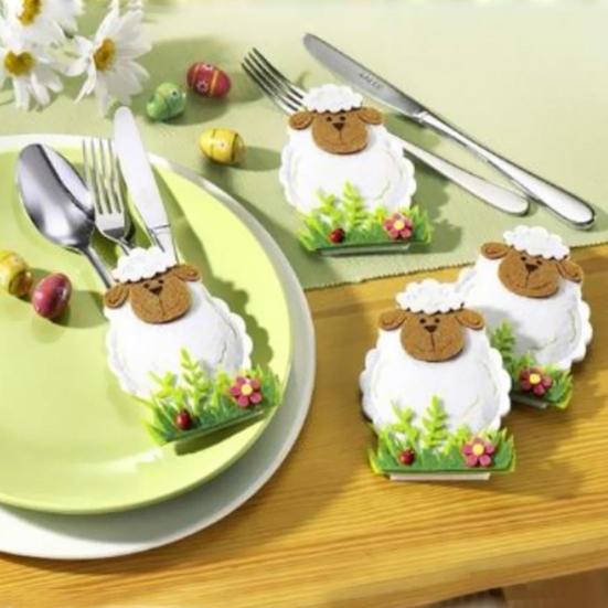 Happy Easter 4 Pabric Pcs Shape Reusable Tableware Holders Sheep Lovely Gift KTY