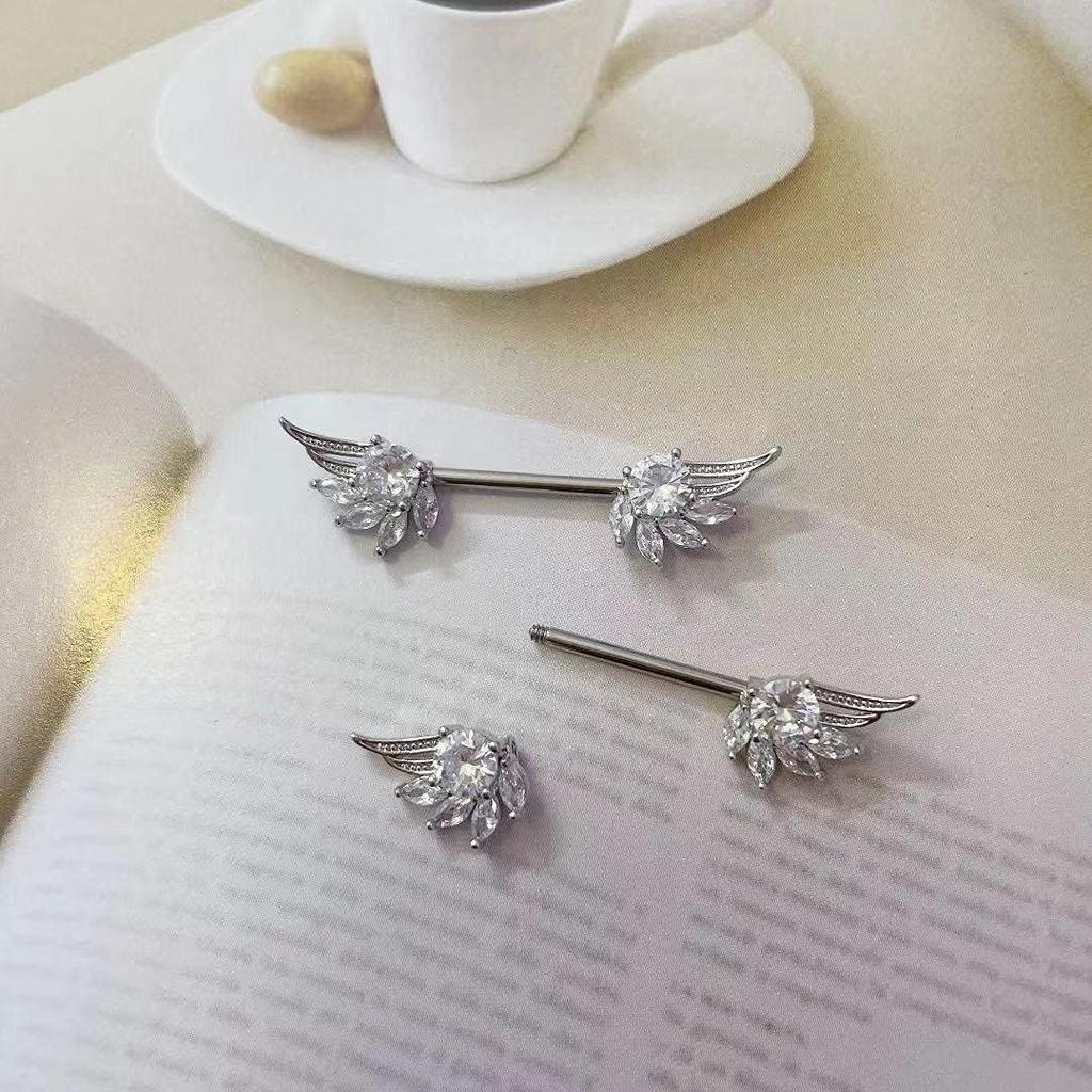 14G Крылья Ангела Кольцо Для Сосков Из Нержавеющей Стали Блестящий Кристалл Горный Хрусталь CZ Прямая Штанга Кольцо Для Языка Щипцы Защитная Полоса Пирсинг Украшения Для Тела