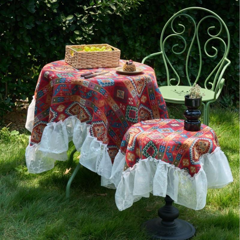 Chinese Style Tablecloth Geometric Jacquard Lace Trim Dustproof Decorative Table Cover Home