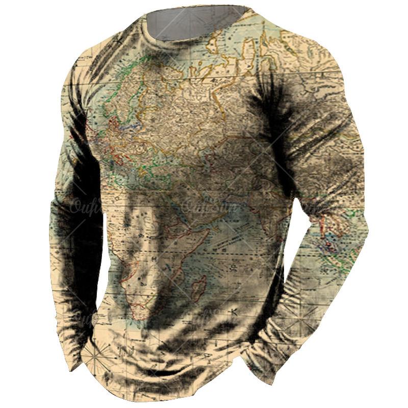 Винтажная футболка с длинными рукавами для мужчин, рубашки с 3d-принтом карты, футболки с европейской графикой, старая мужская одежда, топы, повседневная уличная одежда