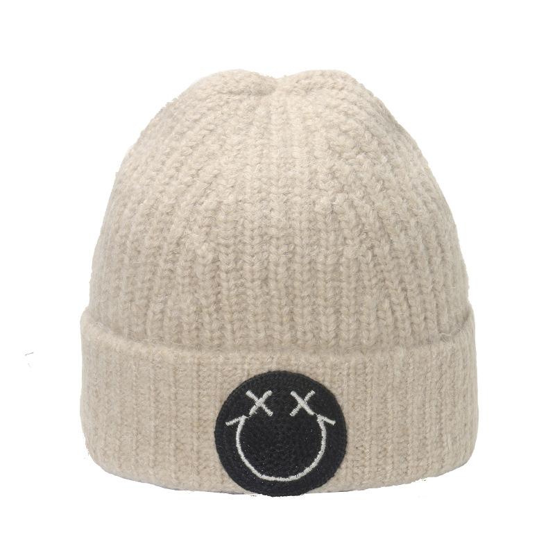 Вязаная шерстяная шапка с улыбающимся лицом женская осенне-зимняя утолщенная теплая шапка-пуловер для велоспорта, для большой окружности головы, шапка-пуловер, свободная холодная шапка женская