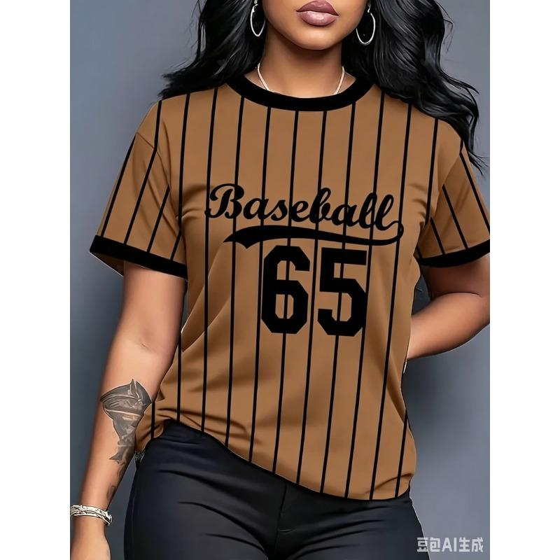 Couple Outfits Baseball Stripe Printed Round Neck Short Sleeve T-Shirt Summer Graphic Tee Jerseys Women Sport Tops Tee