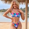 Women Triangle Oversize Split Bikini Suit Set Tie Side G-String Thong Swimsuit Suspender Bra Floral Print