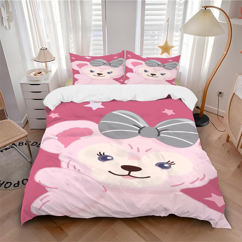 Pink Teddy Bear Bow Print 3Pcs Bedding Setduvet Cover With 2 Bedropillowcase Home Birthday Gift