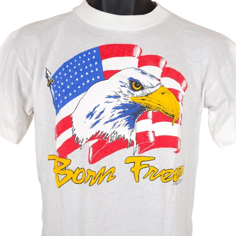 Vintage Bald Eagle 100% Cotton T-shirt Mens Tees Top Mens Size Medium White 80s 90s American Flag