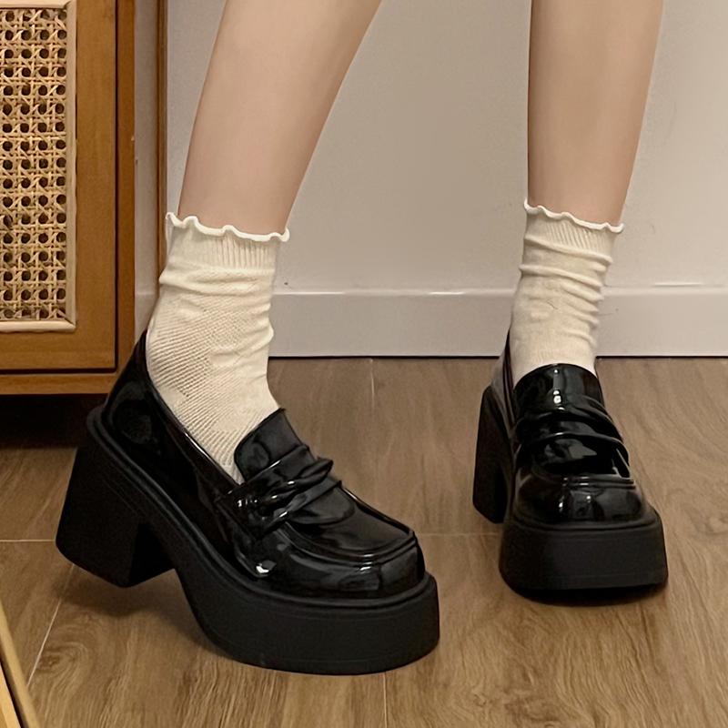 Модные женские черные туфли на толстом каблуке 2024 года, туфли-лодочки из лакированной кожи на платформе, женские туфли без застежек на толстом высоком каблуке Jk Uniform Shoes Mary Janes