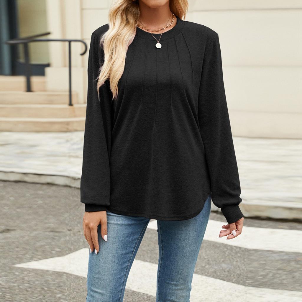 Женская мода повседневный однотонный плиссированный круглый вырез с длинным рукавом свободный пуловер топ