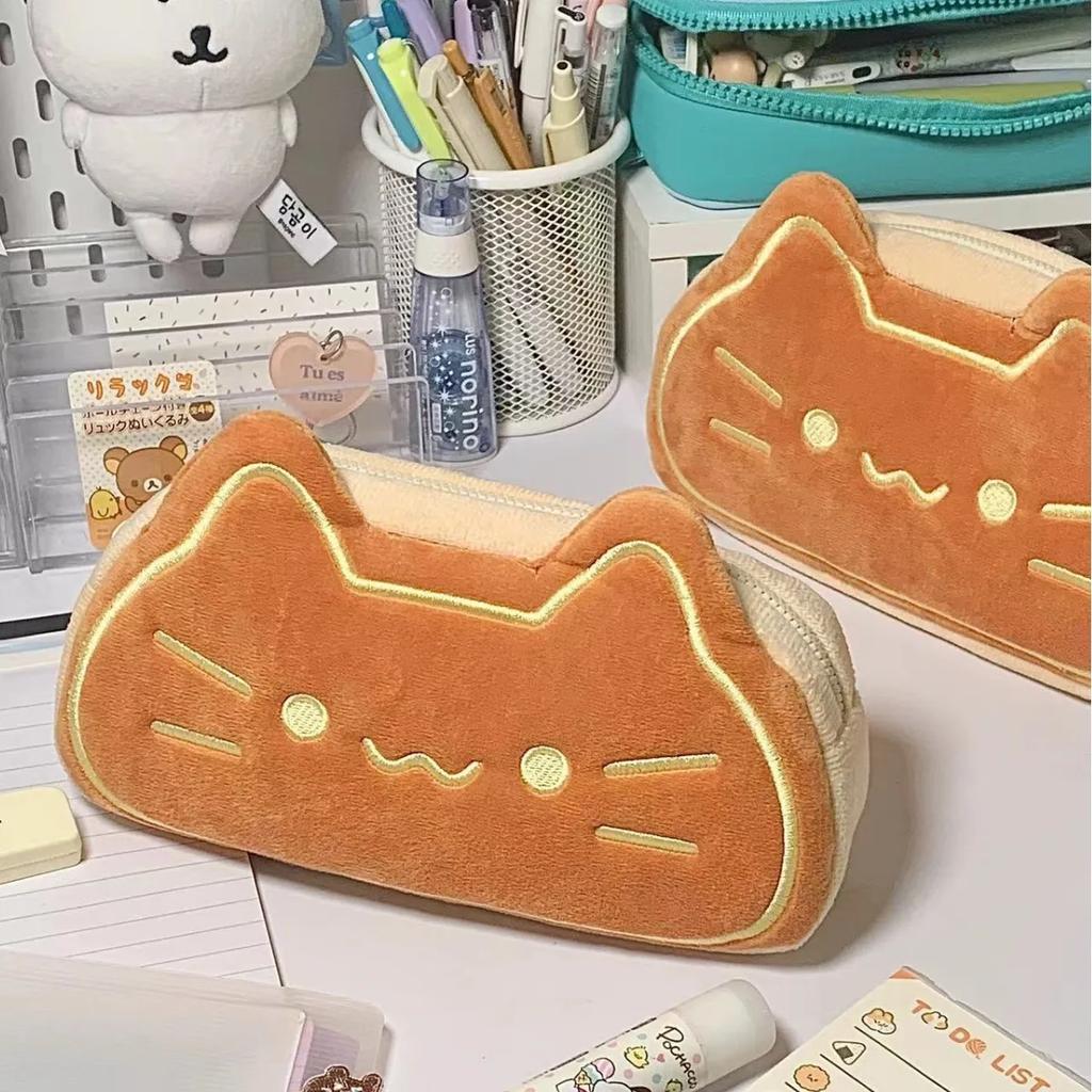 Cute Cat Caramel Bread Plush Pencil Bag Kawaii Student Large Capacity Stationery Bag Kitten Pencil Pouch Back To School Supplies