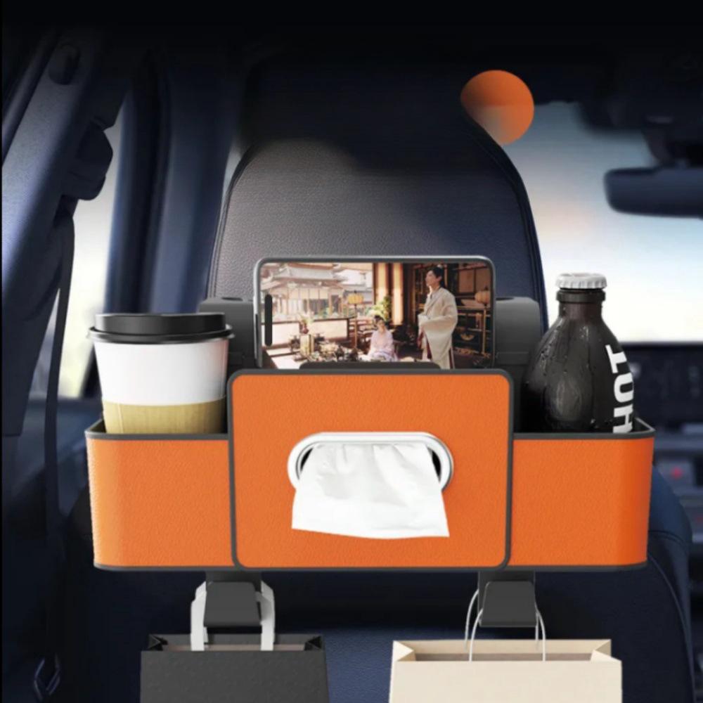 **Многофункциональный органайзер на спинку сиденья автомобиля с коробкой для салфеток и крючками-подстаканниками**