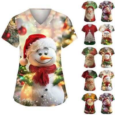 Женский модный рабочий топ с V-образным вырезом, рождественским принтом, короткими рукавами, карманом, боковым разрезом, базовый пуловер
