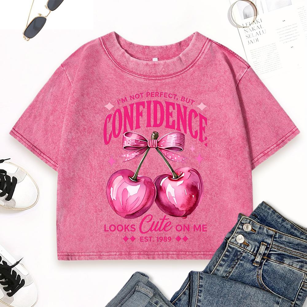 Confidence Looks Cute On Me Pink Cherry Print Women Washed T-Shirts Slim Cotton Tops Street Casual Sportswear T Shirt