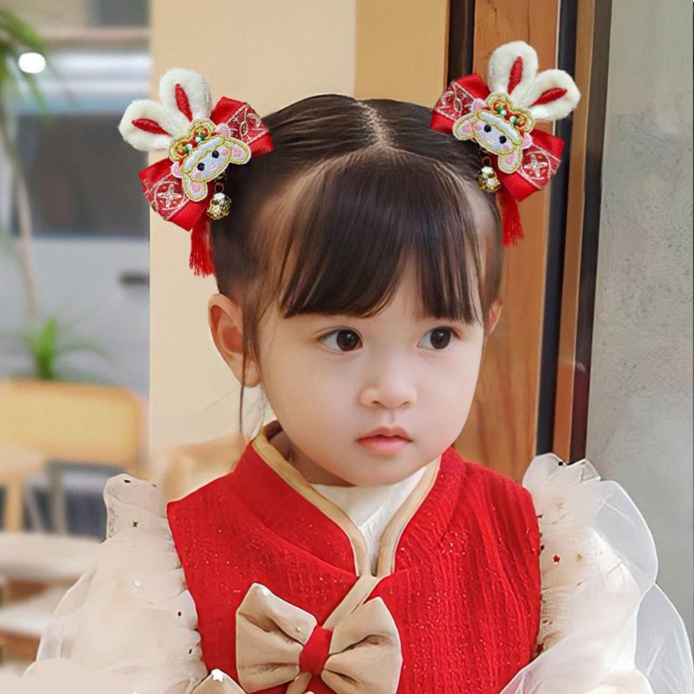 Bunny Plush Rabbit Hairpin Tassel Chinese New Year Headwear Sweet Bow Hair Clip  Children