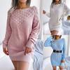 Women Warm Sweater Dress Solid Color Cutout Crew Neck Long Sleeve Knitted Pullove Jumper