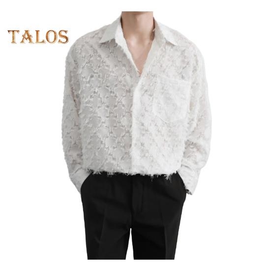 Мужская рубашка с нагрудным карманом и кисточками, отложным воротником, однобортная, с длинными рукавами, однотонная, для праздничной рождественской вечеринки, клубный топ