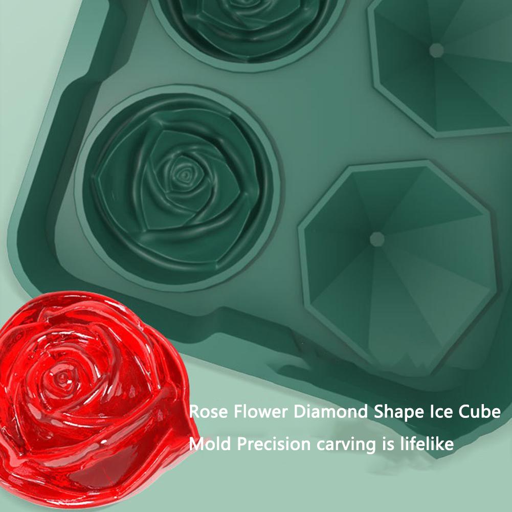 Silicone Ice Cube Mold 4 Rose Flower Diamond Shape Frozen Tray Modeling Making Tool