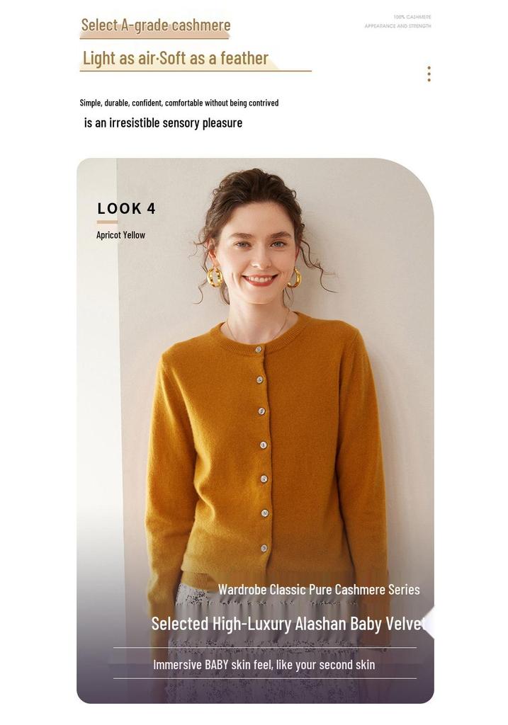 Women's Medium-Thick Cashmere Round Neck Single-Breasted Cardigan Sweater - Spring/Autumn