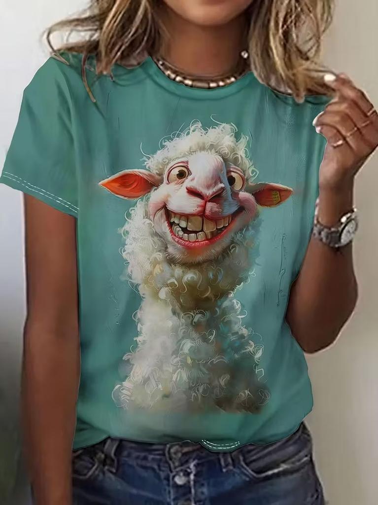 Funny Animal Printed Women T Shirts Short Sleeved Tees TopsPrint O-Neck Shirt Summer Casual