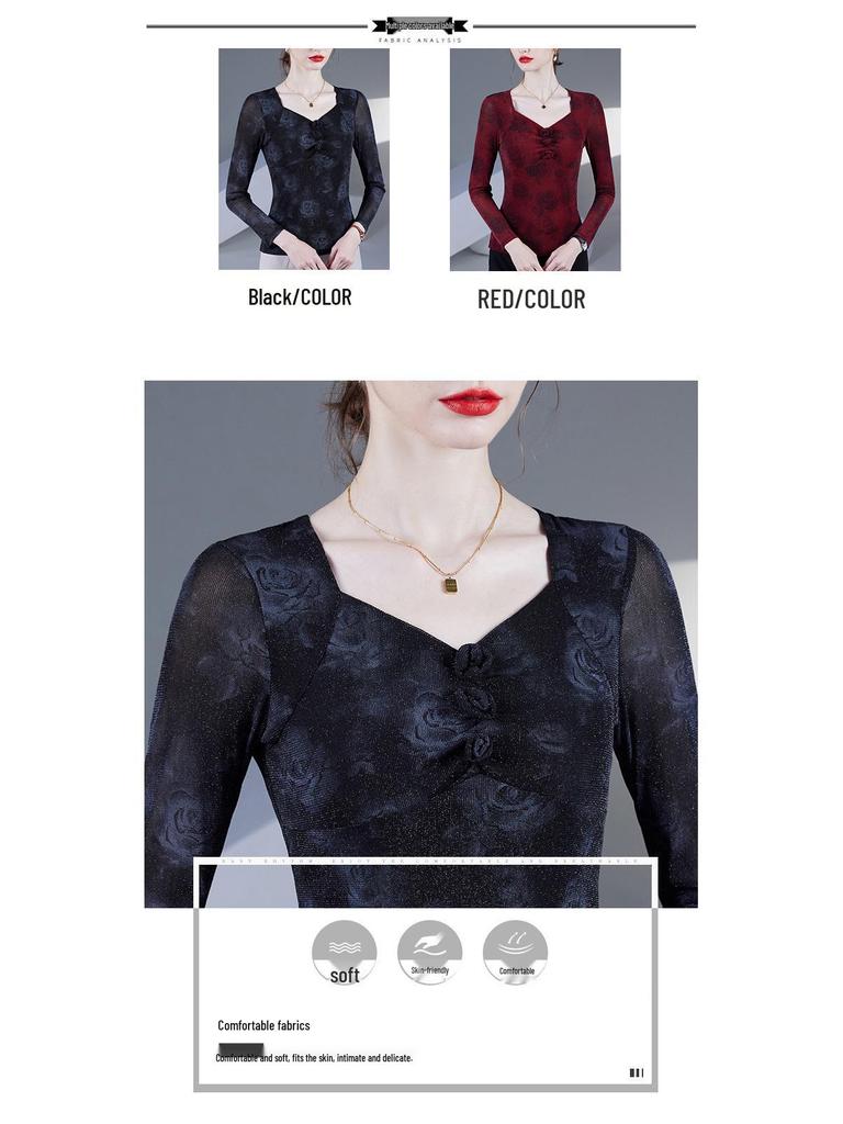 Весна/Осень 2025 Блузка из сетки с квадратным вырезом и принтом роз - Женский модный топ с длинным рукавом