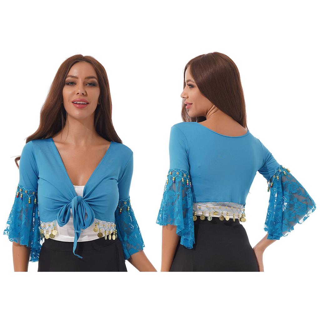 Женский костюм для танца живота, кружевной лоскутный топ с расклешенными рукавами, колокольчиком и кисточкой, шаль на шнуровке, укороченный топ, кардиган