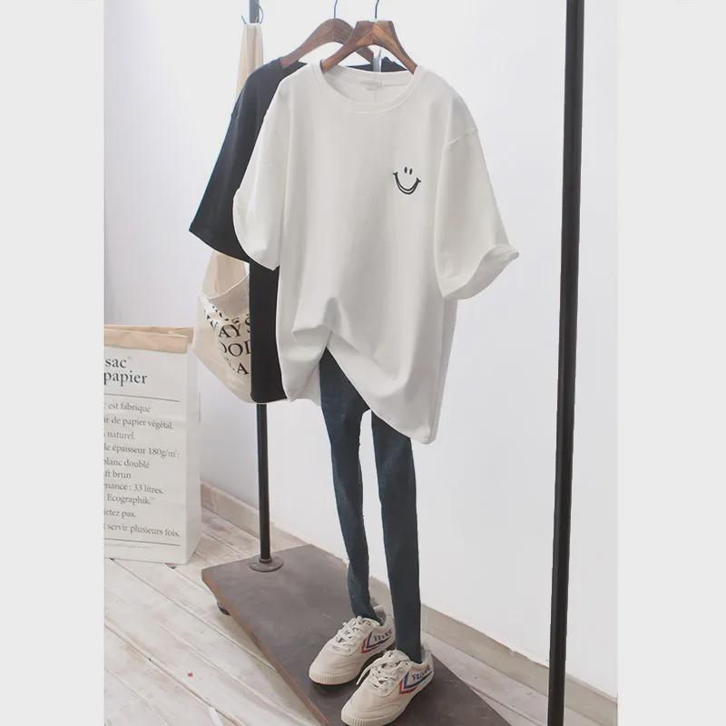 Women's College Style Smiley Face Printed Cotton T-shirt - Medium-length, Short-sleeved, 2025 Summer Collection