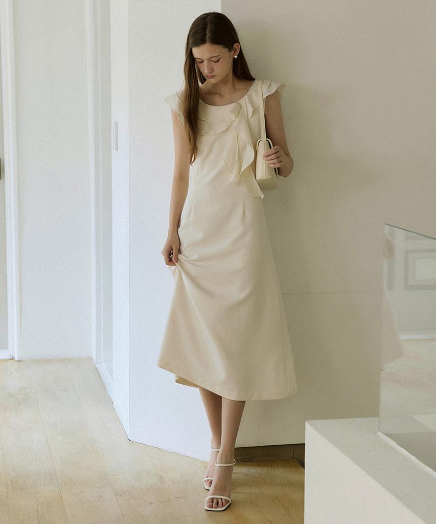 Adowl Wave Ruffle Line Long Dress - Ivory