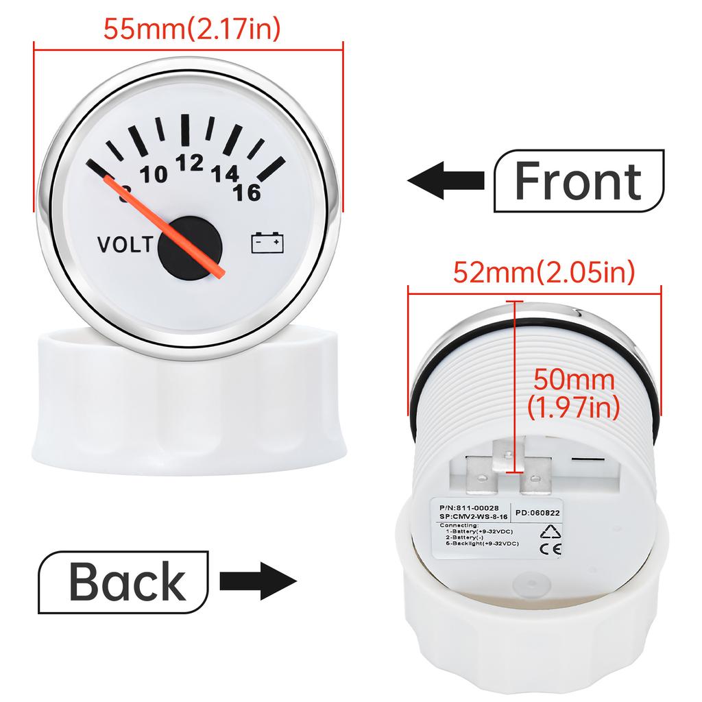 Универсальный вольтметр 52 мм, морской авто вольтметр 8-16 В, водонепроницаемый датчик для мотоцикла, автомобиля, лодки, автомобиля с красным
