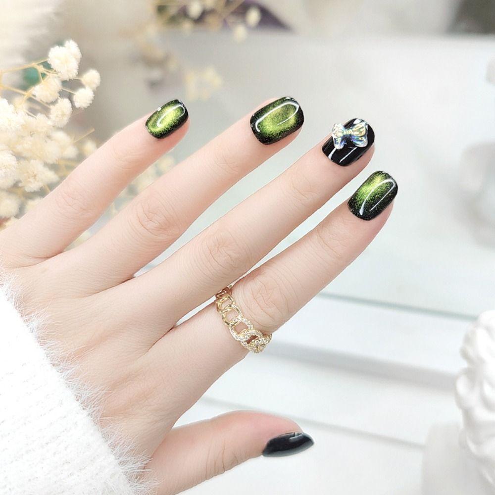 24PCS Short Fake Nails Cat Eye Artficial Nails Reusable False Nails  DIY Manicure Art
