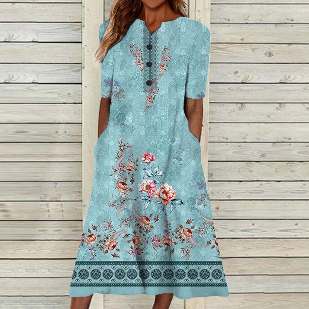 Summer Dress For Women 2023 Casual Printed V-Neck Short-Sleeve Beach Swing Dress