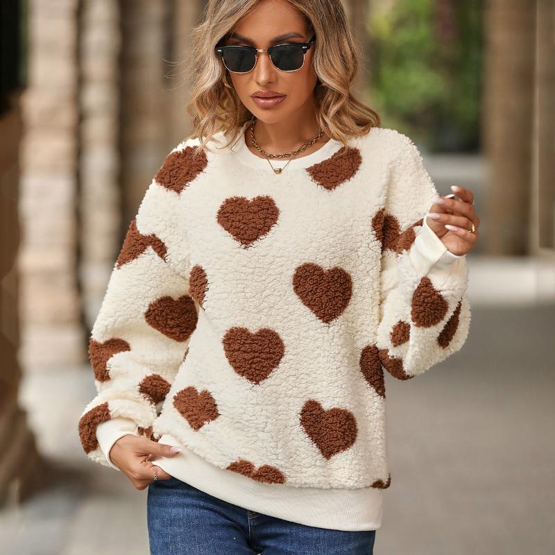 Женский уютный флисовый свитшот с принтом сердечек, с длинными рукавами и круглым вырезом, повседневный пуловер на осень/зиму