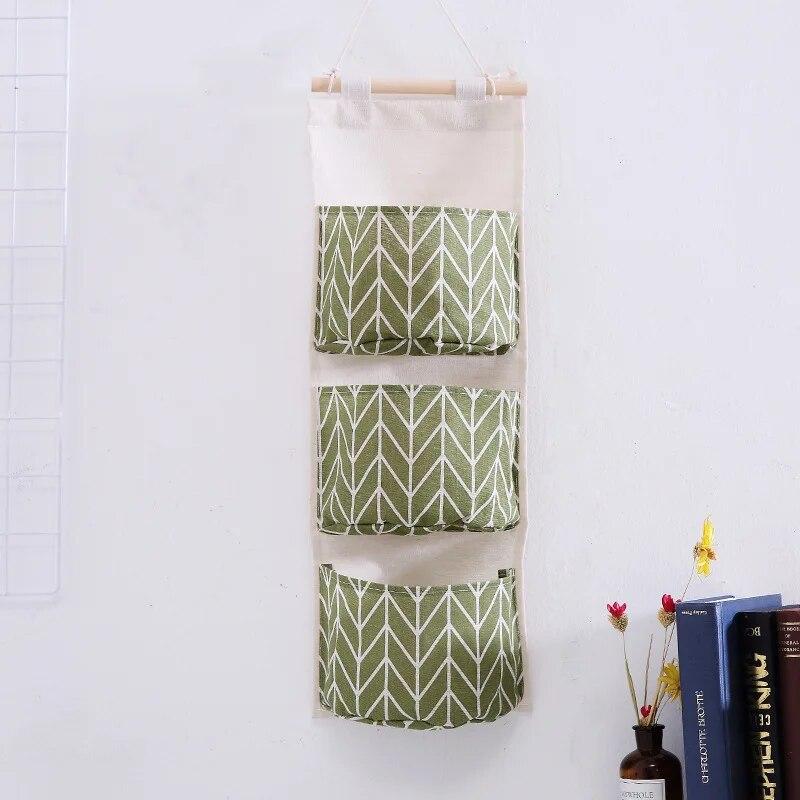 Cotton Linen Pattern Hanging Storage Bag 3 Pockets Wall Mounted Wardrobe Hang Bags Wall Pouch Cosmetic Toys Organizer 1PC Hot