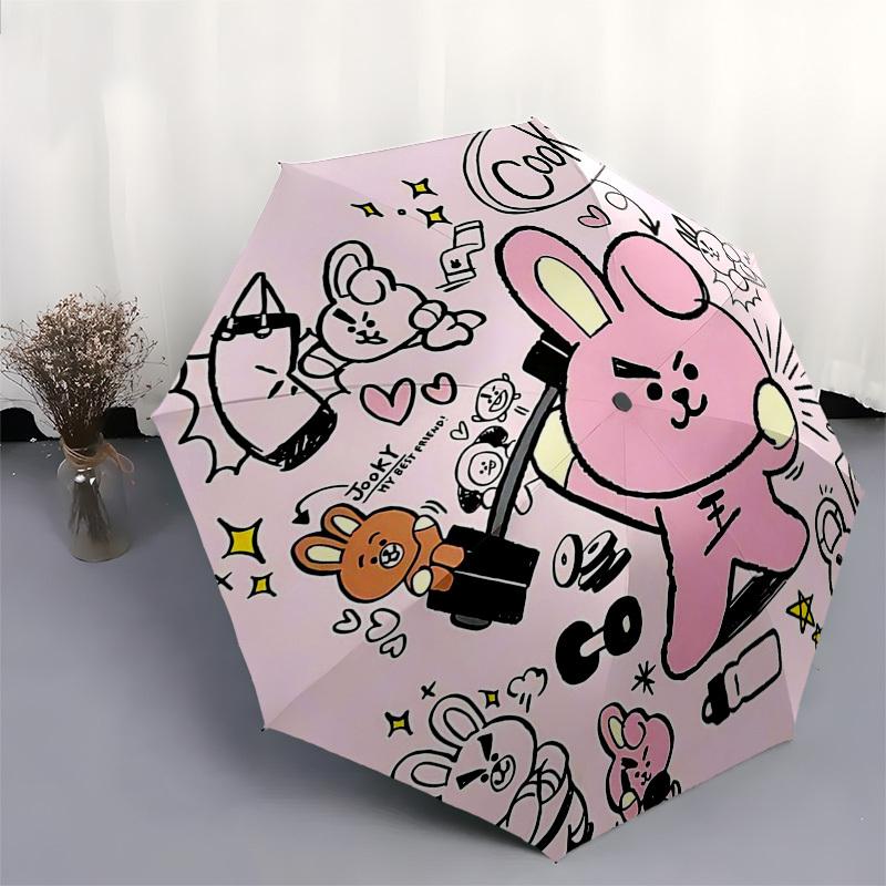 1 шт. Автоматический складной зонт BT21 Cooky для улицы - Автоматическое открытие/закрытие, Портативная 3-складная конструкция, Железный каркас с 8 ребрами, Идеальный подарок для фанатов, Путешественников, для ежедневного использования