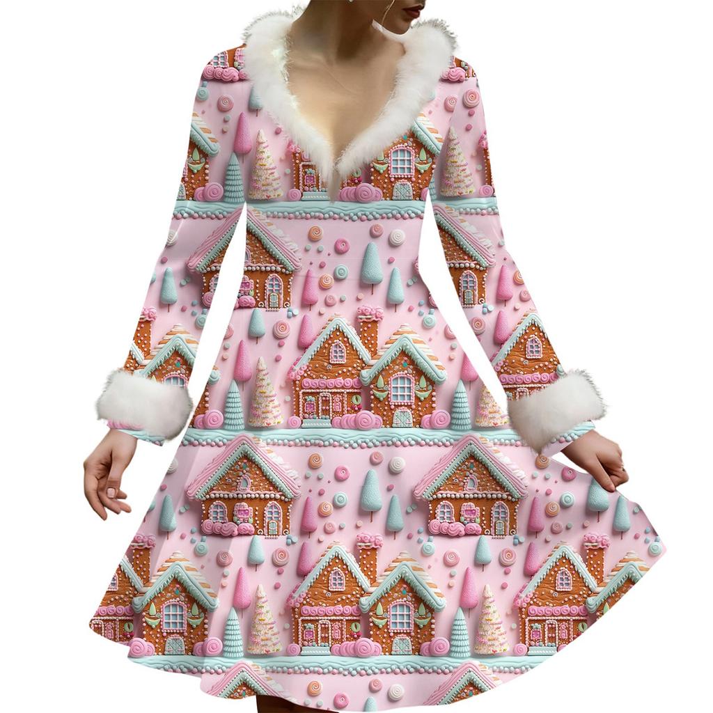 Женское повседневное платье с V-образным вырезом, рождественским принтом, плюшевыми длинными рукавами