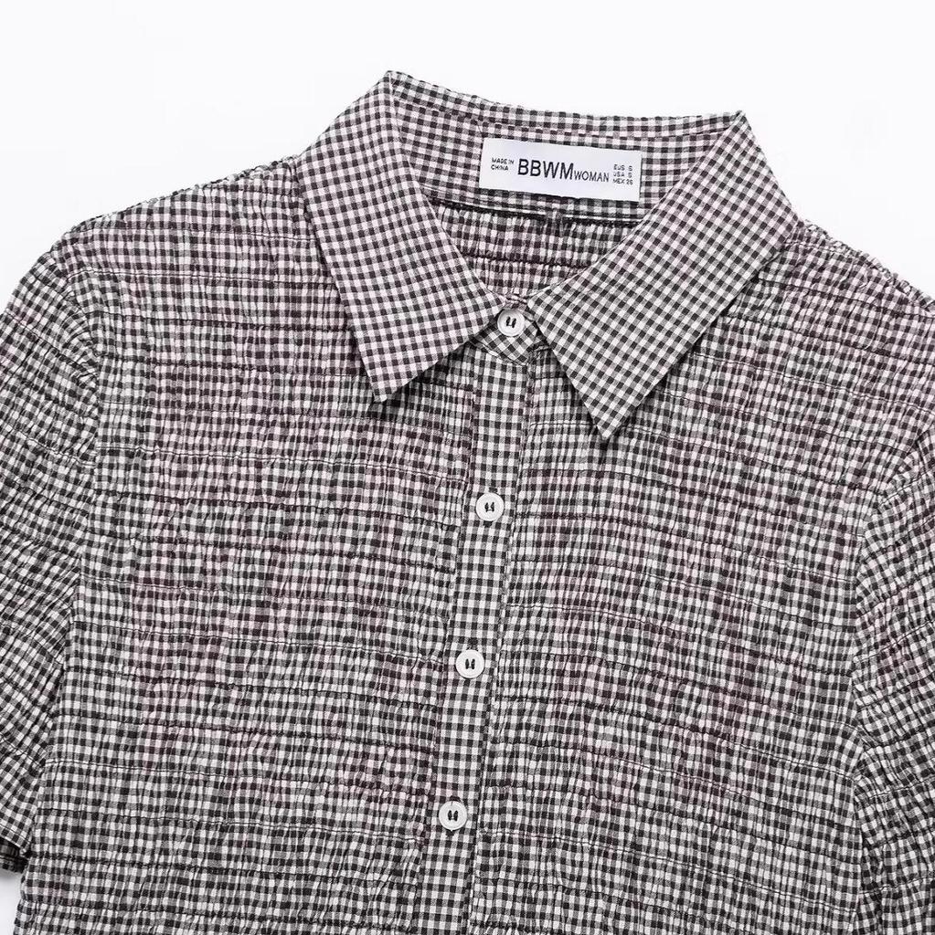 Spring 2025 Women's Plaid Short Sleeve Turn-Down Collar Shirt - European & American Style Fashion