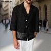 Men Summer Half Sleeve Texture Tassel Buttons Up See Through T-shirts Shirts